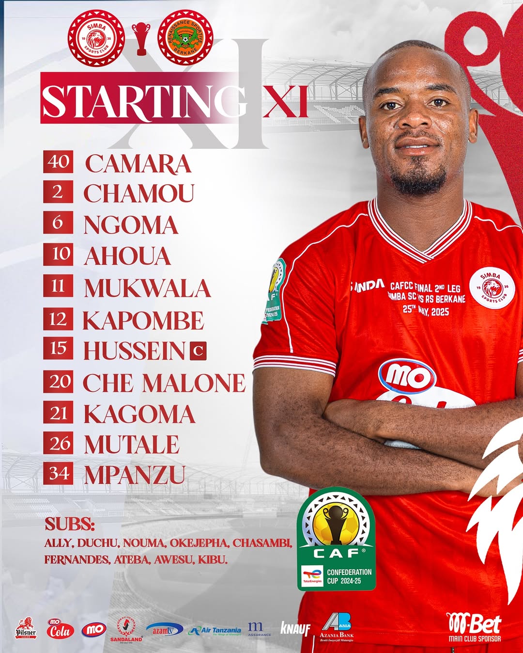 Kikosi cha Simba SC vs RS Berkane (TotalEnergiesCAFCC) 25/05/2025