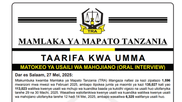 TRA Yatangaza Matokeo ya Usaili wa Mahojiano – Jumla ya Ajira 1,896 Kupatikana (Oral Interview)