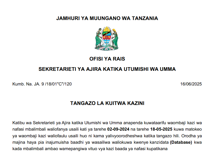 TANGAZO LA KUITWA KAZINI TAASISI MBALIMBALI ZA UMMA 16-06-2025